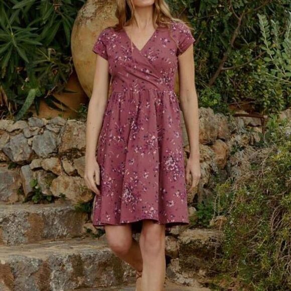 NEW~pact Organic Cotton Fit & Flare Crossover Short Sleeve Dress Medium - Picture 4 of 10